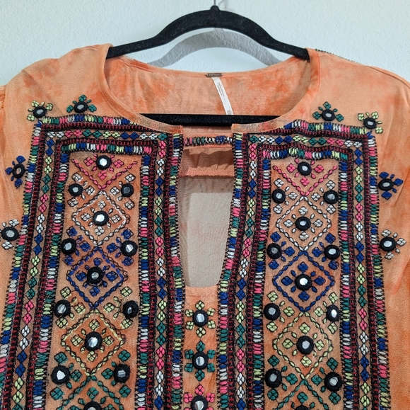 Free People Market Place Beaded Orange Sorbet Waist Tie Maxi Top XS Coral - Picture 8 of 16